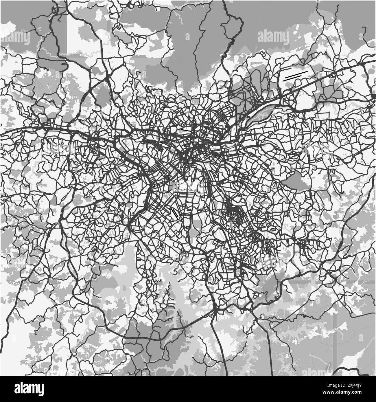 Mappa di San Paolo in Brasile in scala di grigi. Contiene vettore stratificato con strade, acqua, parchi, ecc. Illustrazione Vettoriale