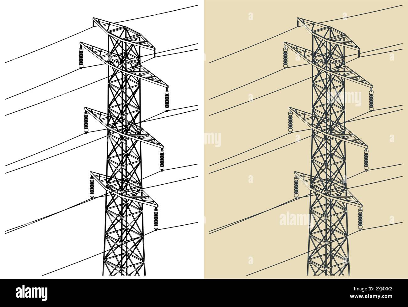 Illustrazioni vettoriali stilizzate di poli elettrici ad alta tensione con fili Illustrazione Vettoriale