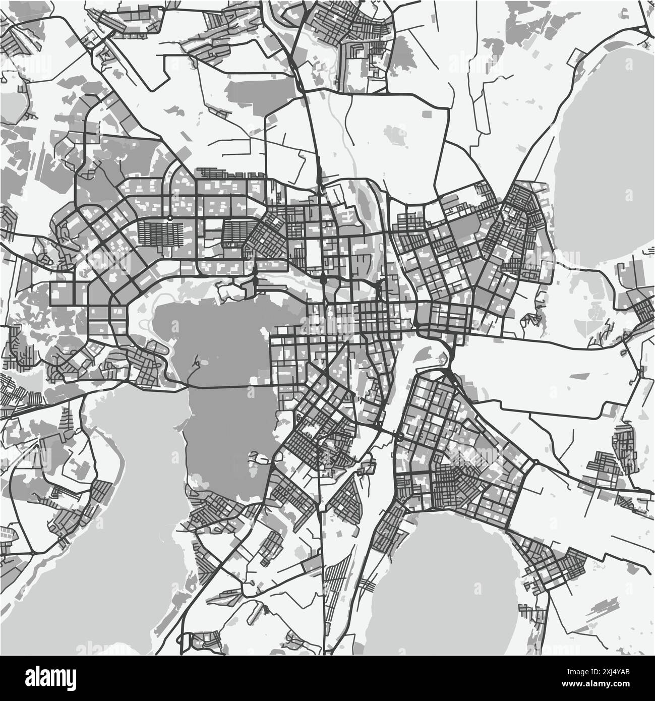 Mappa di Chelyabinsk in Russia in scala di grigi. Contiene vettore stratificato con strade, acqua, parchi, ecc. Illustrazione Vettoriale