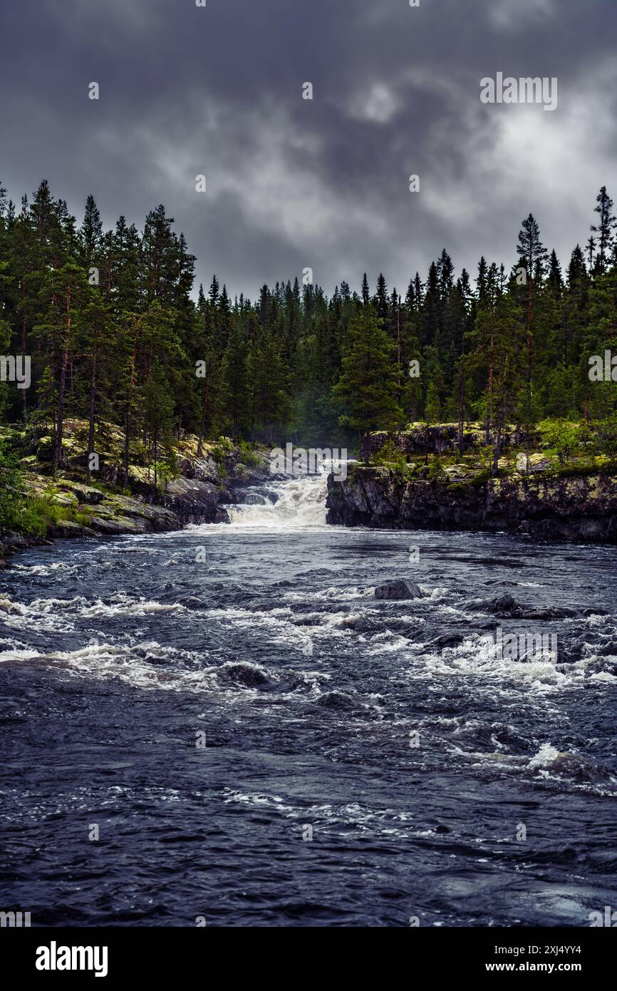 Foresta verde fresca presso la cascata Sognstupet sul fiume Storån a Idre, Dalarna, Svezia. L'acqua scorre sopra le rocce, una vista rinfrescante dopo la pioggia Foto Stock