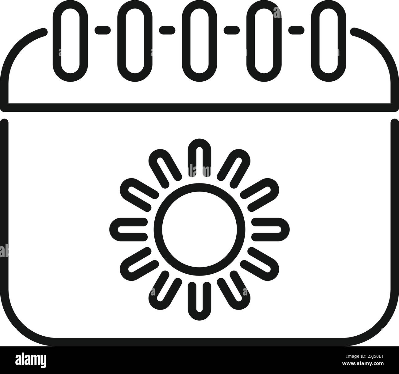 Semplice disegno in bianco e nero di una pagina del calendario che mostra un'icona del sole, per pianificare le vacanze estive Illustrazione Vettoriale