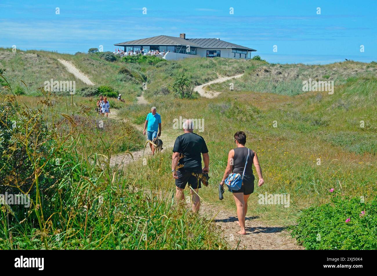 La gente cammina tra le dune di sabbia di Skagen, Jutland, Danimarca, Scandinavia Foto Stock