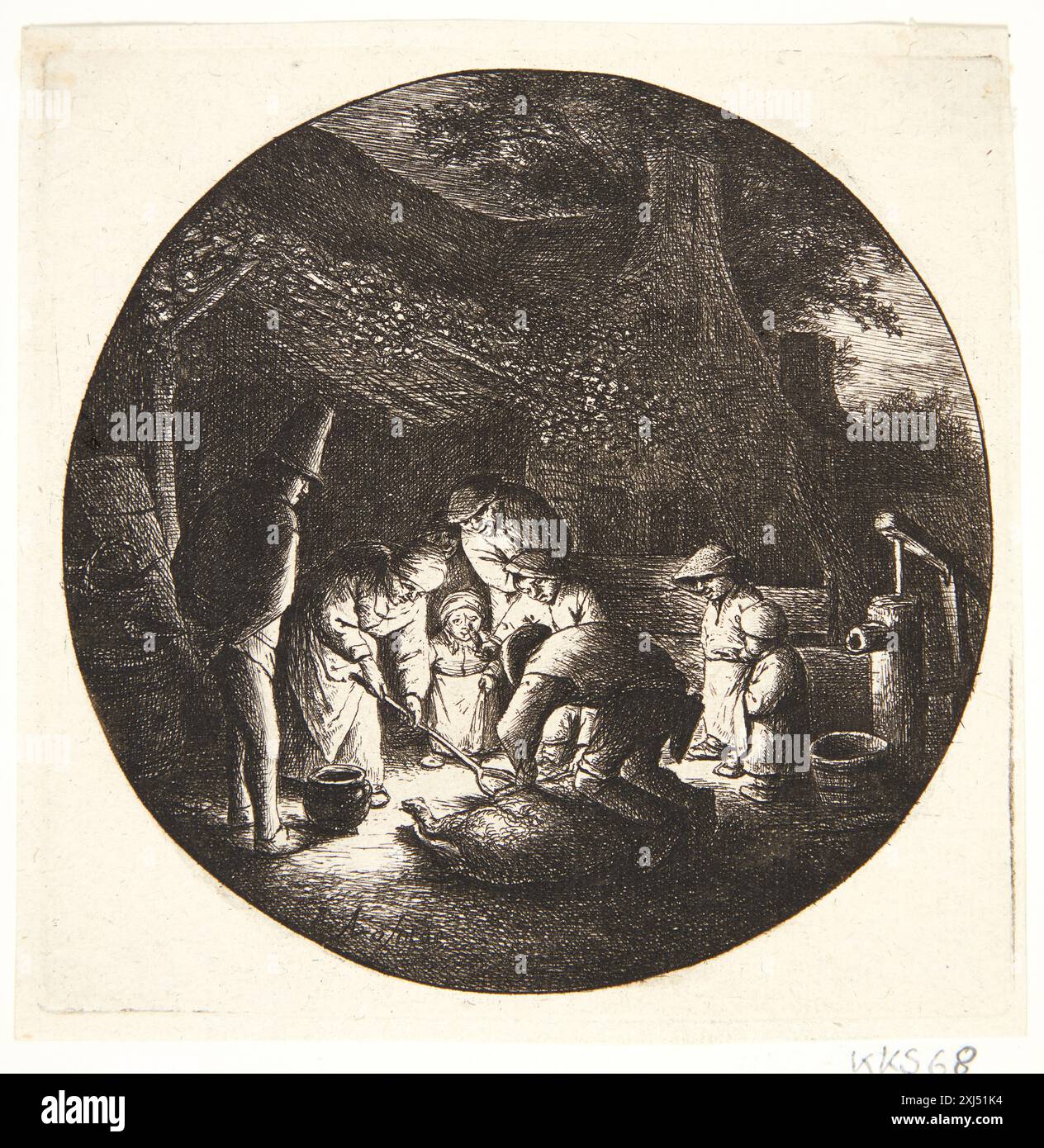 Incisione raffigurante la macellazione di un maiale, che mostra il lavoro rurale domestico e le pratiche del villaggio del XVII secolo, creata da Adriaen van Ostade. Foto Stock