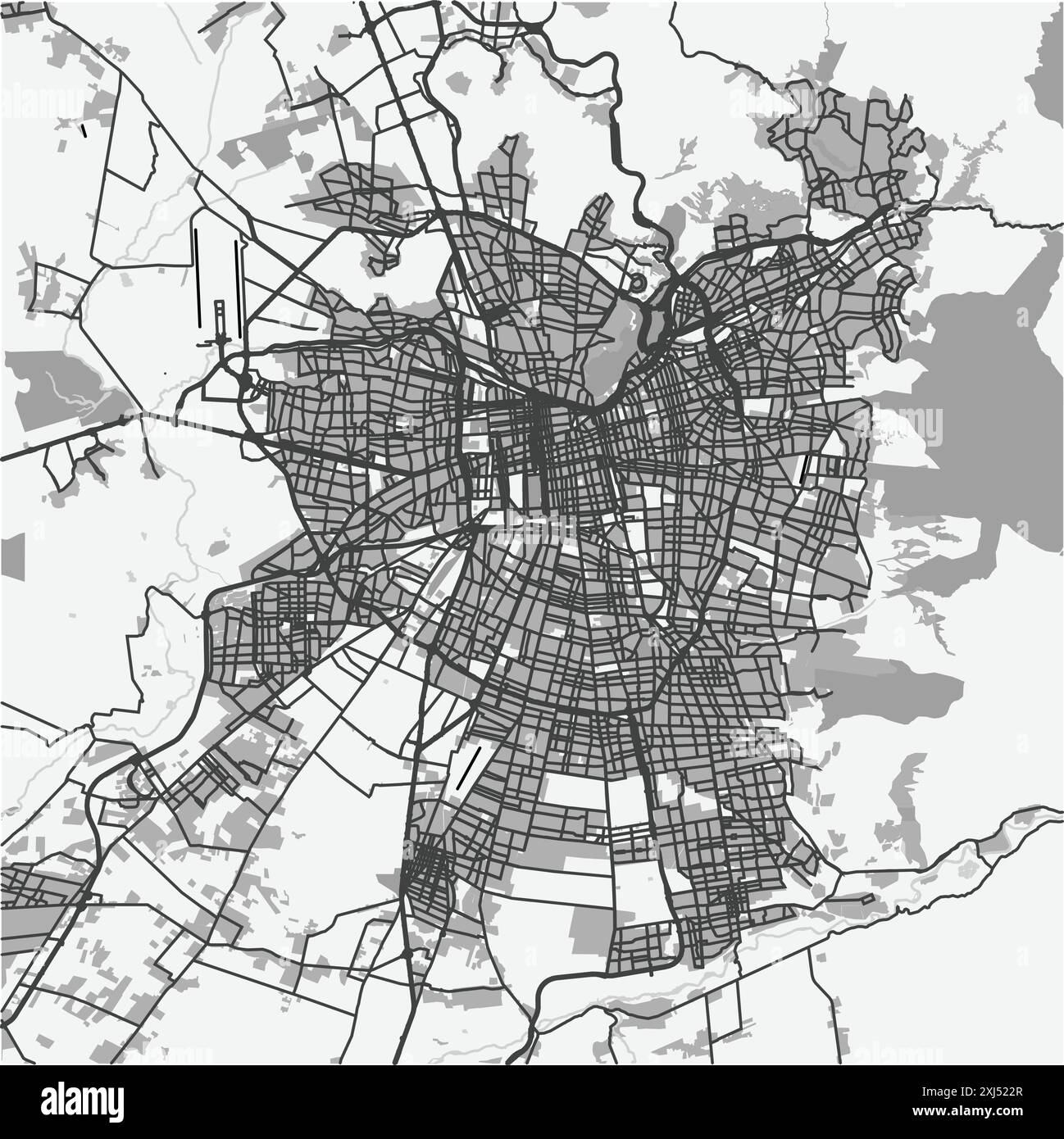 Mappa di Santiago in Cile in scala di grigi. Contiene vettore stratificato con strade, acqua, parchi, ecc. Illustrazione Vettoriale