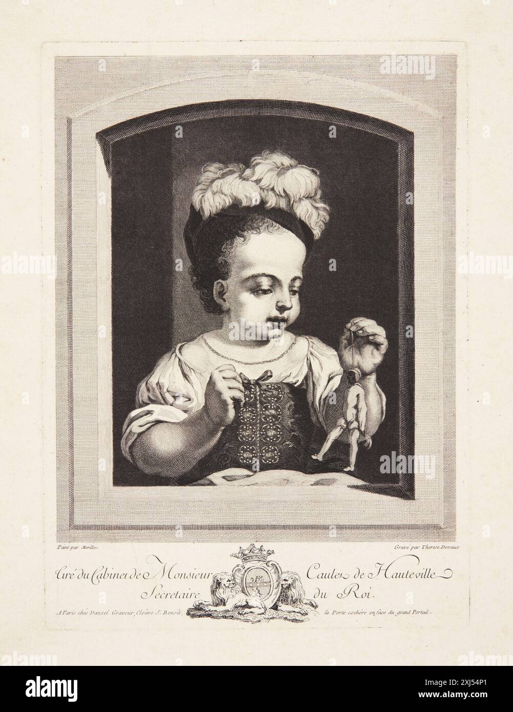 Ragazza con bambola in una finestra Devaux, Thérèse 1750 - 1799, Murillo, Bartolome Esteban 1618 - 1682, Danzel, Jacques Claude 1737 - 1809 incisione in rame, Print Manuel de l'amateur d'estampes, Charles le Blanc, ikke beskrevet heri, C 35580, 1854-[1890] Pige med dukke i et vindue Foto Stock