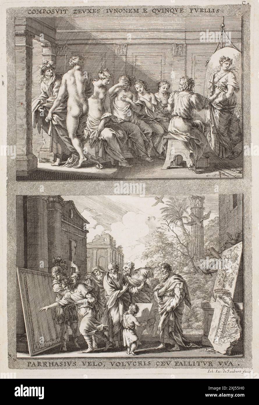 Zeuxis e Parrhassius Sandrart, Jacob von 1630 - 1708, Sandrart, Joachim von 1606 - 1688, Sandrart, Joachim von 1606 - 1688 incisione in rame, Print Hollstein's German Engravings, etchings and Woodcuts 1400-1700 (vol. XL), Joachim von Sandrart, Joachim von Sandrart il giovane, Johann von Sandrart, Johann Jacob von Sandrart, Johann Jacob von Sandrart, Lorenz von Sandrart, John Roger PaaS, p. 237, nr. 345., k1997-016, 1995 Zeuxis e Parrhassius Foto Stock