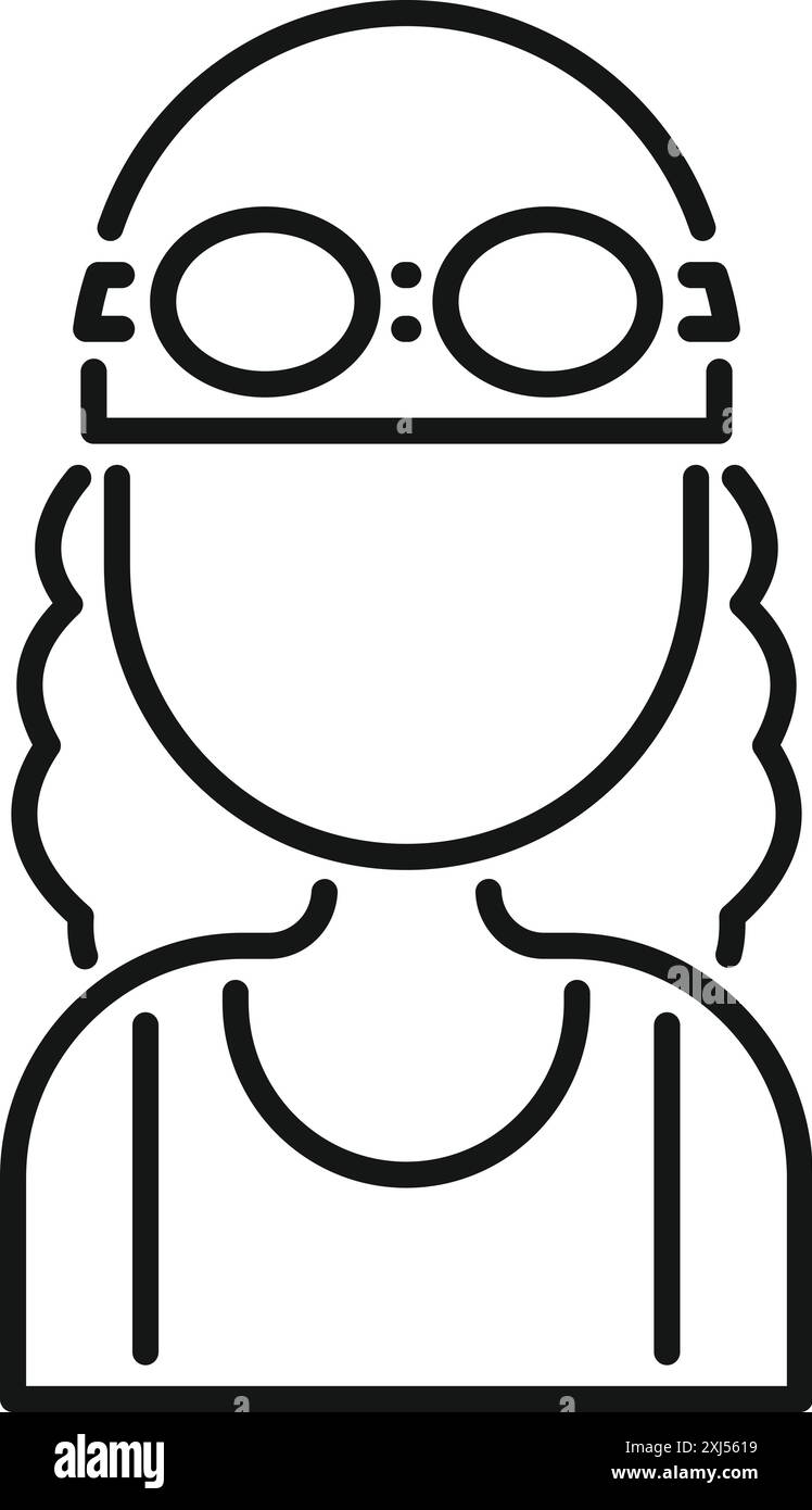 Icona della linea di una nuotatrice professionista che indossa un costume da bagno, un berretto e occhiali di protezione Illustrazione Vettoriale