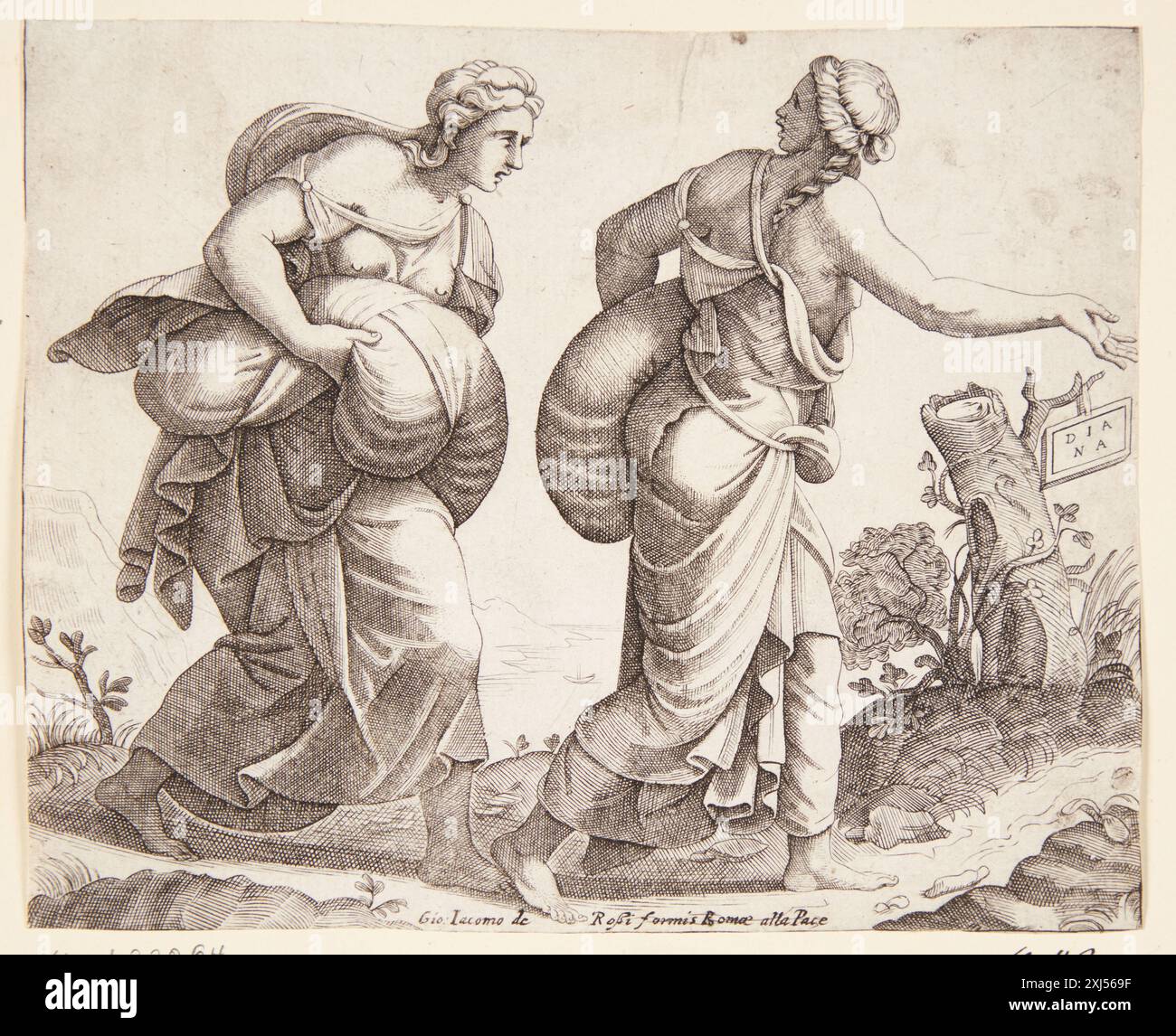 Incisione in rame che mostra due donne che camminano su una strada, creata da Diana Scultori (1536-1588), Giulio Romano (1499-1546) e Giovanni Giacomo de' Rossi (1627-1691), illustrando una scena narrativa. Foto Stock