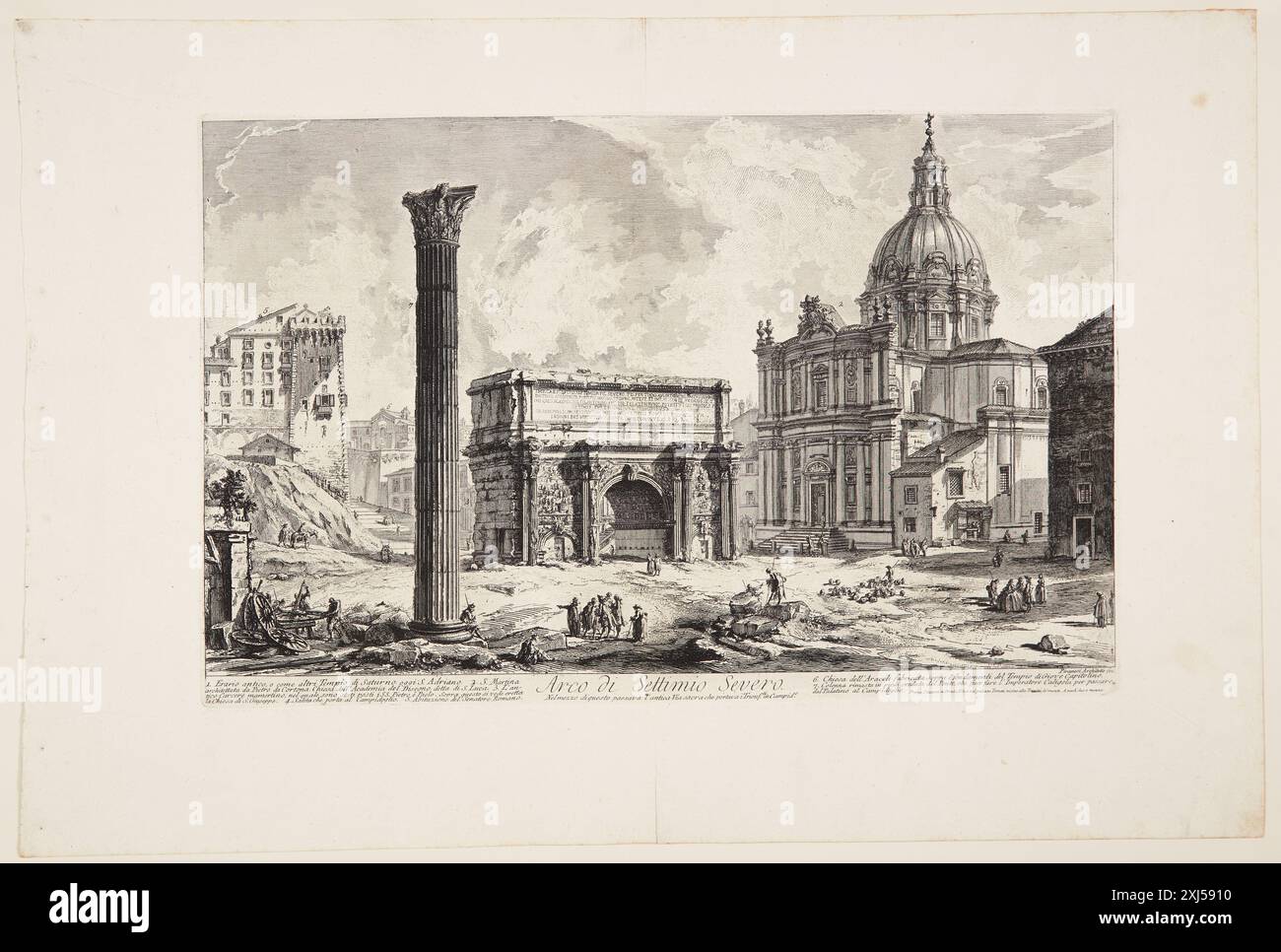 Veduta dell'Arco di Settimio Severo, che guarda verso il Campidoglio, con la Chiesa della SS. Martina e Luca sulla destra Piranesi, Giovanni Battista 1720 - 1778, Piranesi, Francesco 1754 - 1810 incisione, Stampa Giovanni Battista Piranesi, Henri Focillon, nr. 809, 40762, 1967. Giovanni Battista Piranesi: Le incisioni complete, John Wilton-Ely, nr. 165, 55434, 1994. Giovanni Battista Piranesi: Uno studio critico con un elenco delle sue opere pubblicate e cataloghi dettagliati delle prigioni e delle vedute di Roma, Arthur M. Hind, pp. 31-73; 78 og 82, nr. 54 III, 8013, 1922 veduta dell'arco di Settimio Sev Foto Stock