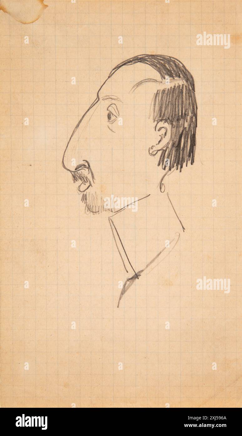 Il disegno di Storm Petersen è una caricatura di Karl Isakson nel profilo rivolto a sinistra, che mostra le caratteristiche facciali, la postura e il lavoro di linea nell'illustrazione danese dell'inizio del XX secolo. Foto Stock