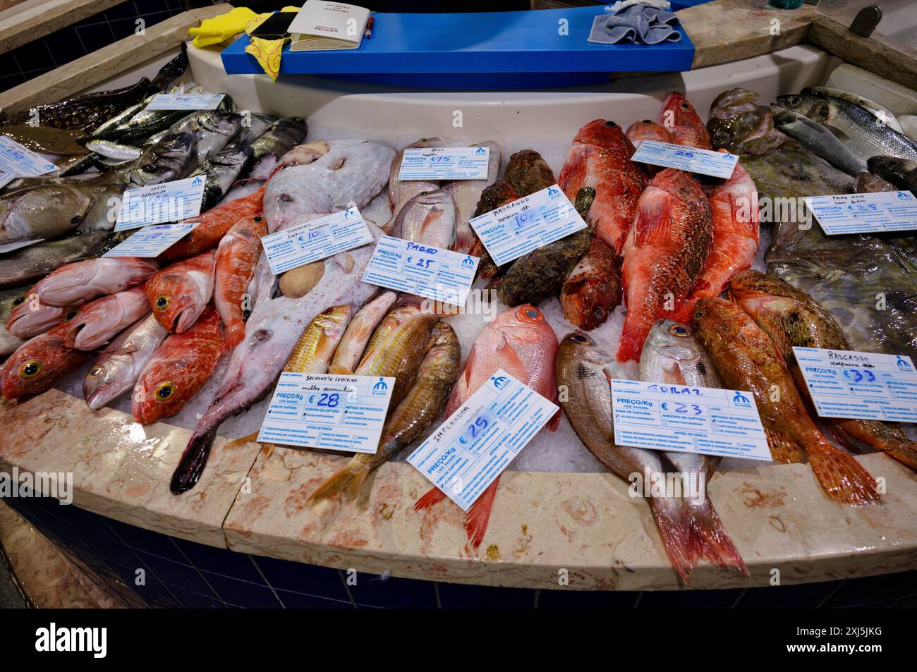 Bancone del pesce, pesce fresco, esposizione di pesce fresco, gurnard, rana, orata, branzino, ray, Market Hall, Mercado Municipal de Lagos, Lagos, Algarve Foto Stock