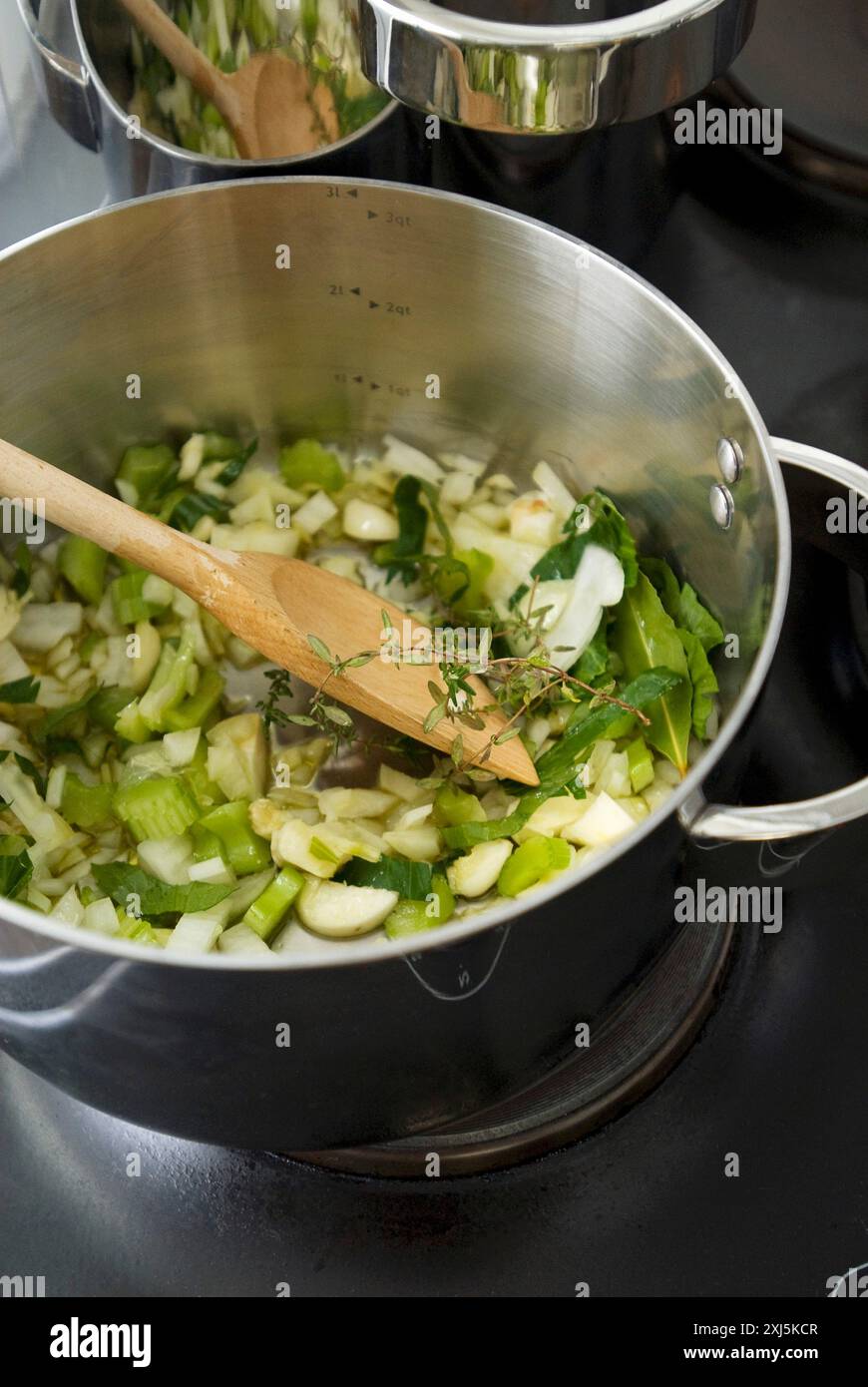 Rosolare la cipolla e il sedano in una pentola da cucina Foto Stock