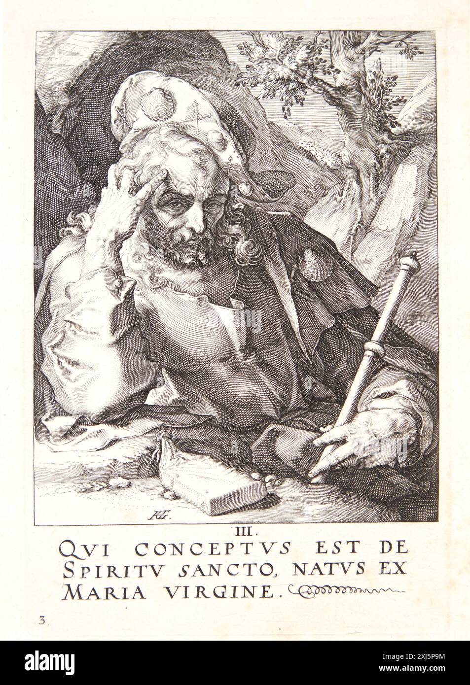 Incisione in rame di Hendrick Goltzius raffigurante l'apostolo Jakob il Vecchio. Parte della serie New Hollstein su incisioni, incisioni e incisioni olandesi e fiamminghe dal 1450 al 1700. Foto Stock