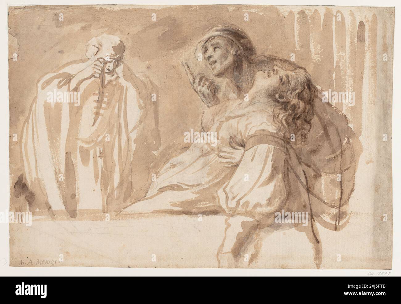 Un disegno di un ignoto artista italiano che mostra un giovane che sostiene una donna svenuta mentre punta verso l'alto, con un anziano che regge sullo sfondo un coltello rialzato, creato in Italia. Foto Stock