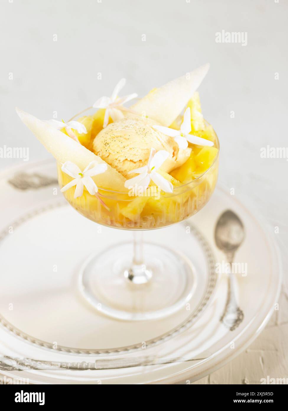 Gelato al cucchiaio con vaniglia, ananas, fiore di gelsomino e melone (Tema: Ricette con fiori) Foto Stock