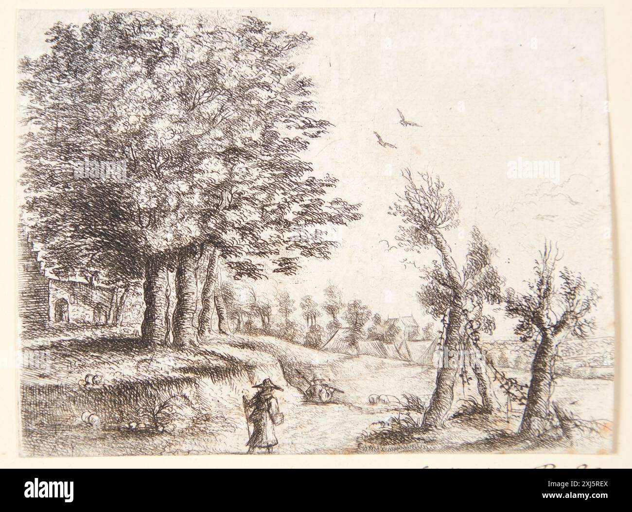 Landscape with a Walking Woman Immenraet, Philips Augustijn 1627 - 1679, Uden, Lucas van 1595 - 1672, Wijngaerde, Frans van den 1614 - 1679 Etching, Print Hollstein's Dutch and Flemish etchings, incisioni e xilografie 1450-1700 (vol. IX), Heer - Kuyl, F.W.H. Hollstein, 5 i, C 38945, 1953. The Illustrated Bartsch 6, artisti fiamminghi, De Wael, van Uden, de Vadder, Matteus, van Uyttenbroeck m. fl., otto Neumann, 20 (van Uden), C 36 71, 1980 Landskab med en gående kvinde Foto Stock