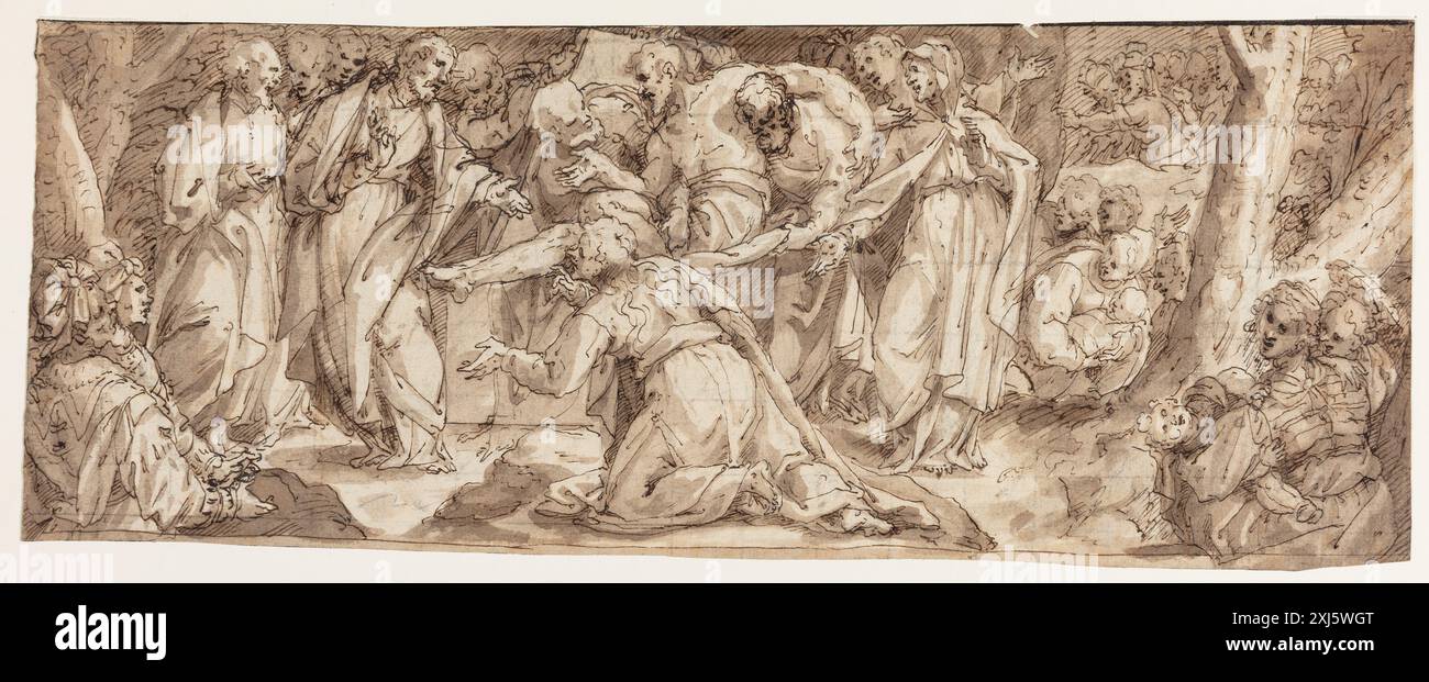 Disegno di Giovanni Battista della Rovere (1560-1627) raffigurante la scena biblica di Lazzaro risuscitato dai morti, illustrando l'arte religiosa rinascimentale. Foto Stock
