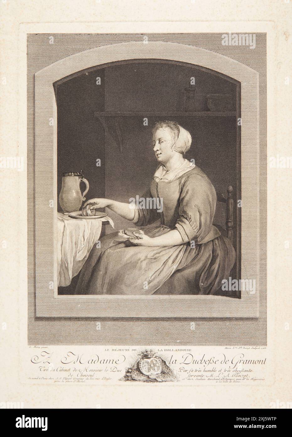 Donna olandese al tavolo della colazione, vista attraverso una finestra Boizot, Marie Louise Adelaide 1744 - 1800, Metsu, Gabriël 1629 - 1667, Flipart, Jean-Jacques 1719 - 1782, Joulain, Francesco 1697 - 1778 incisione in rame, Print Inventaire du fonds franais: Graveurs du XVIIIe siècle III: Bizemont-Prunelé - Cars, Marcel Roux, p. 124, nr. 5, SMK 2,780:3, 1934. Manuel de l'amateur d'estampes, Charles le Blanc, bd. I, pag. 427, nr. 15, C 35580, 1854-[1890] Hollandsk kvinde ved morgenbordet, set gennem et vindue Foto Stock