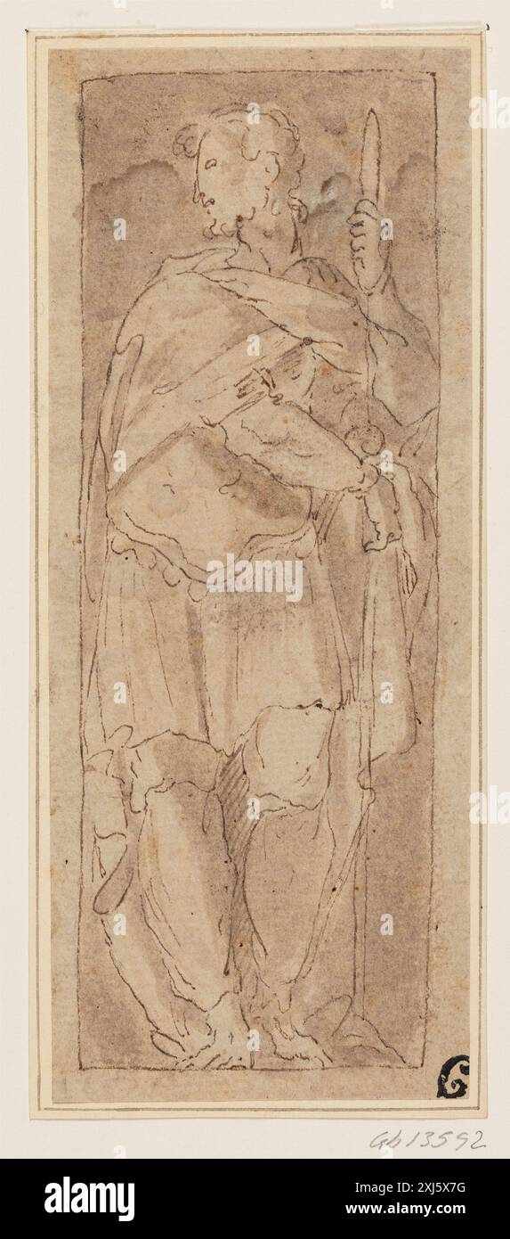 Disegno di Giovanni Battista della Rovere (1560-1627) che mostra un soldato in piedi con una lancia in una nicchia, forse rappresentante San Longinus, con attenzione alla postura e alla cornice architettonica. Foto Stock
