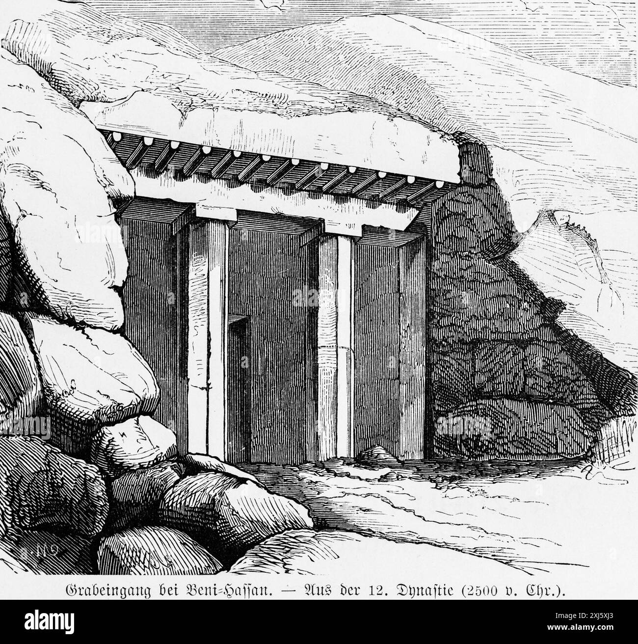 Ingresso alla tomba di beni Hassan, granato della XII dinastia, 2500 a.C., colonne, rocce, Egitto, illustrazione storica 1880, Orient Foto Stock