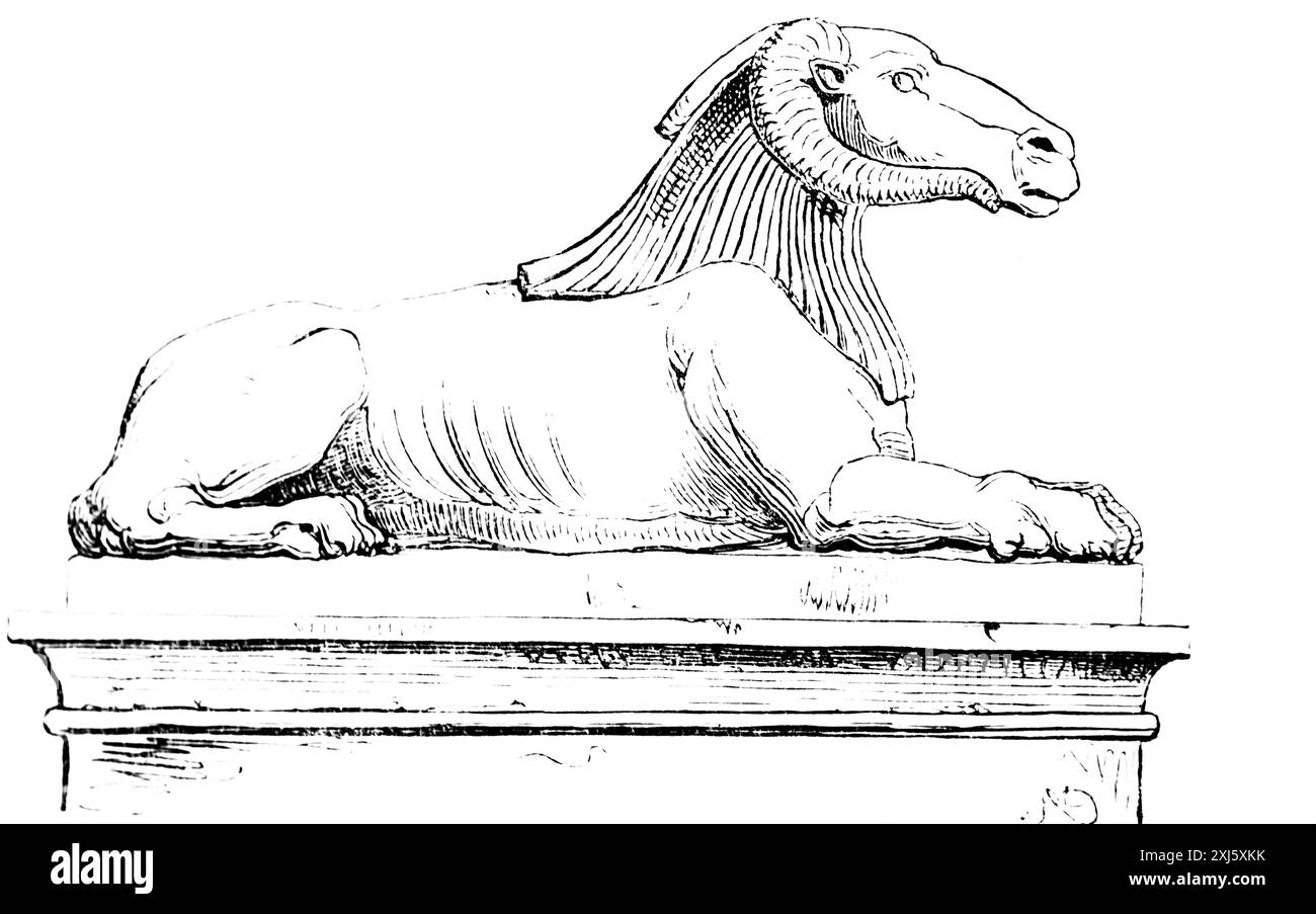 Sfinge egizia antica, sfinge di ariete menzogna, illustrazione storica 1880, Oriente Foto Stock