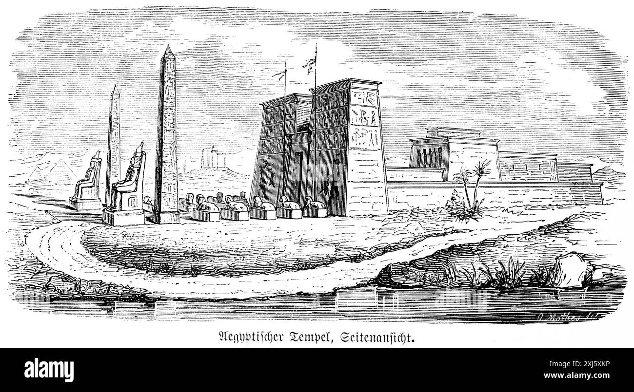Tempio egizio, vista laterale, selenio, statue, cancello d'ingresso, fiume, palme, sentiero, muro, Egitto, illustrazione storica 1880, Orient Foto Stock