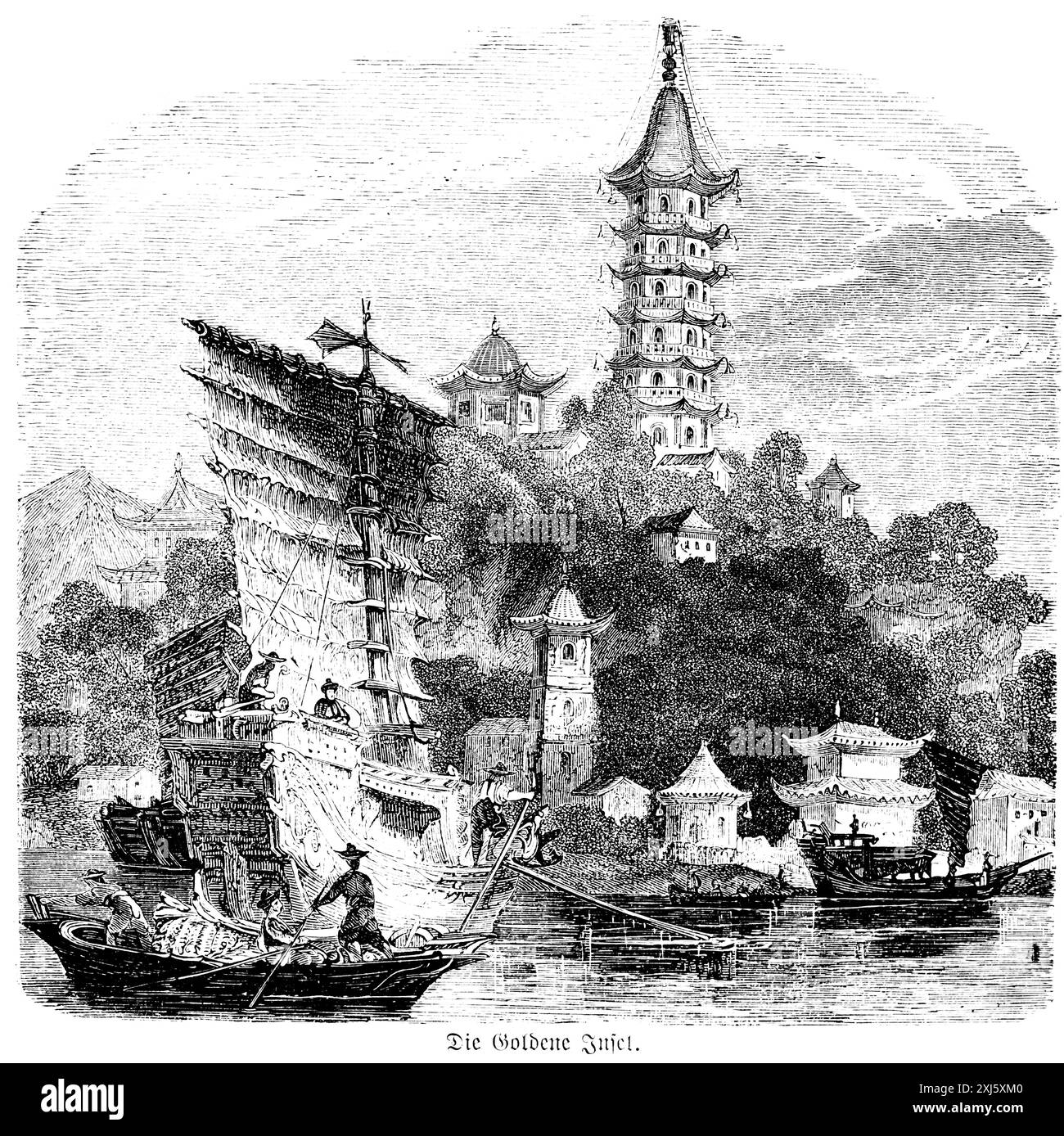 L'isola d'oro, l'isola di Hainan Dao, il tempio, la torre, le pagode, case, barche a vela, canottaggio, scena marittima, Mar Cinese meridionale, Cina, storica Foto Stock