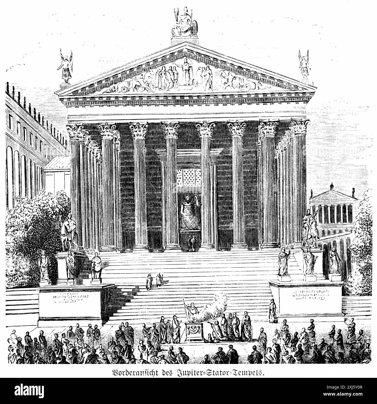Vista frontale del Tempio dello Statore di Giove, del Palatino, di Roma, della folla, dei gradini, colonne, statue, etruschi, etruschi, Impero Romano, illustrazione storica Foto Stock