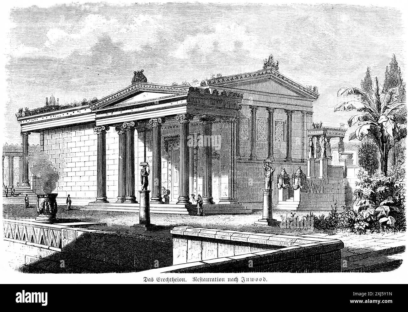 Tempio di Eretteo Acropoli Atene, stile architettonico ionico, giardino, palme, greci nell'antichità, illustrazione storica ca. 1890 Foto Stock