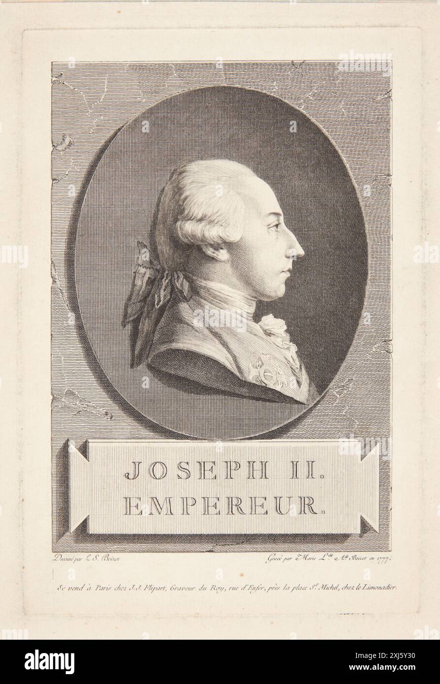 Ritratto di Josef II Boizot, Marie Louise Adelaide 1744 - 1800, Boizot, Louis Simon 1743 - 1809, Flipart, Jean-Jacques 1719 - 1782 incisione, Print Inventaire du fonds franais: Graveurs du XVIIIe siècle III: Bizemont-Prunelé - Cars, Marcel Roux, p. 127, nr. 14, SMK 2,780:3, 1934. Manuel de l'amateur d'estampes, Charles le Blanc, bd. I, pag. 427, nr. 3, C 35580, 1854-[1890] Portræt af Josef II Foto Stock