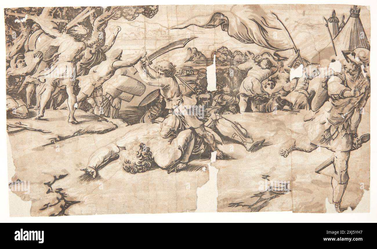 David Deheading Goliath Carpi, Ugo da 1478 - 1532, Raphael 1483 - 1520 Chiaroscuro Woodcut, Print the Illustrated Bartsch 48, Italian Chiaroscuro Woodcuts, Caroline Karpinski, p. 21, 8(?), C 36237, 1983 David halshugger Goliat Foto Stock