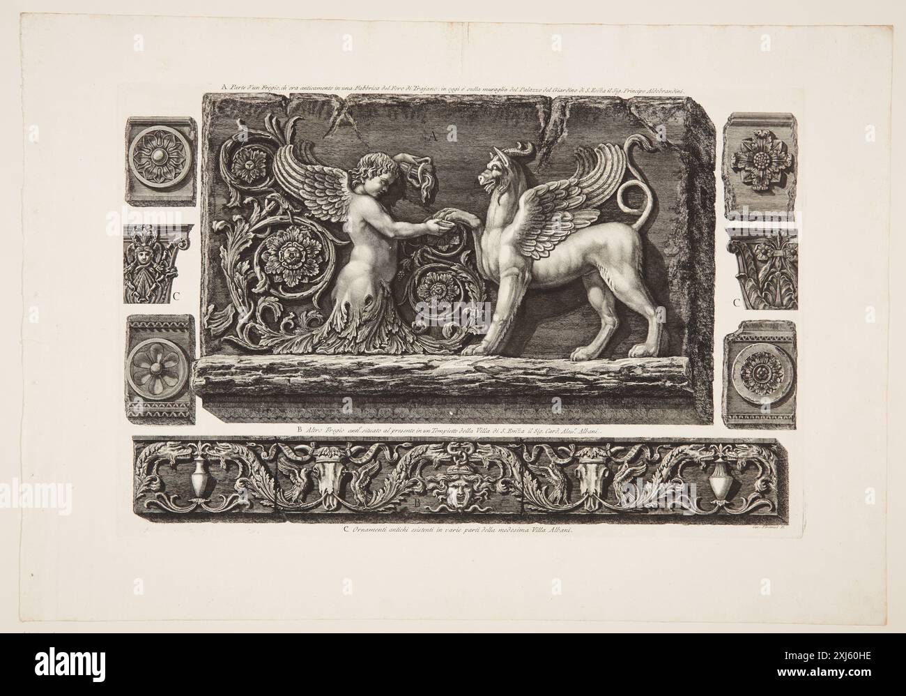 Frammenti di due fregi, uno dal foro di Traiano e l'altro con vari pezzi di rilievo Piranesi, Giovanni Battista 1720 - 1778, Piranesi, Giovanni Battista 1720 - 1778 incisione, Stampa Giovanni Battista Piranesi, Henri Focillon, nr. 659, 40762, 1967. Giovanni Battista Piranesi: Le incisioni complete, John Wilton-Ely, nr. 946, 55434, 1994. Giovanni Battista Piranesi: Uno studio critico con un elenco delle sue opere pubblicate e cataloghi dettagliati delle prigioni e delle vedute di Roma, Arthur M. Hind, p. 87, 8013, 1922 frammenti di due fregi, uno dal foro di Traiano e l'altro con vari Foto Stock