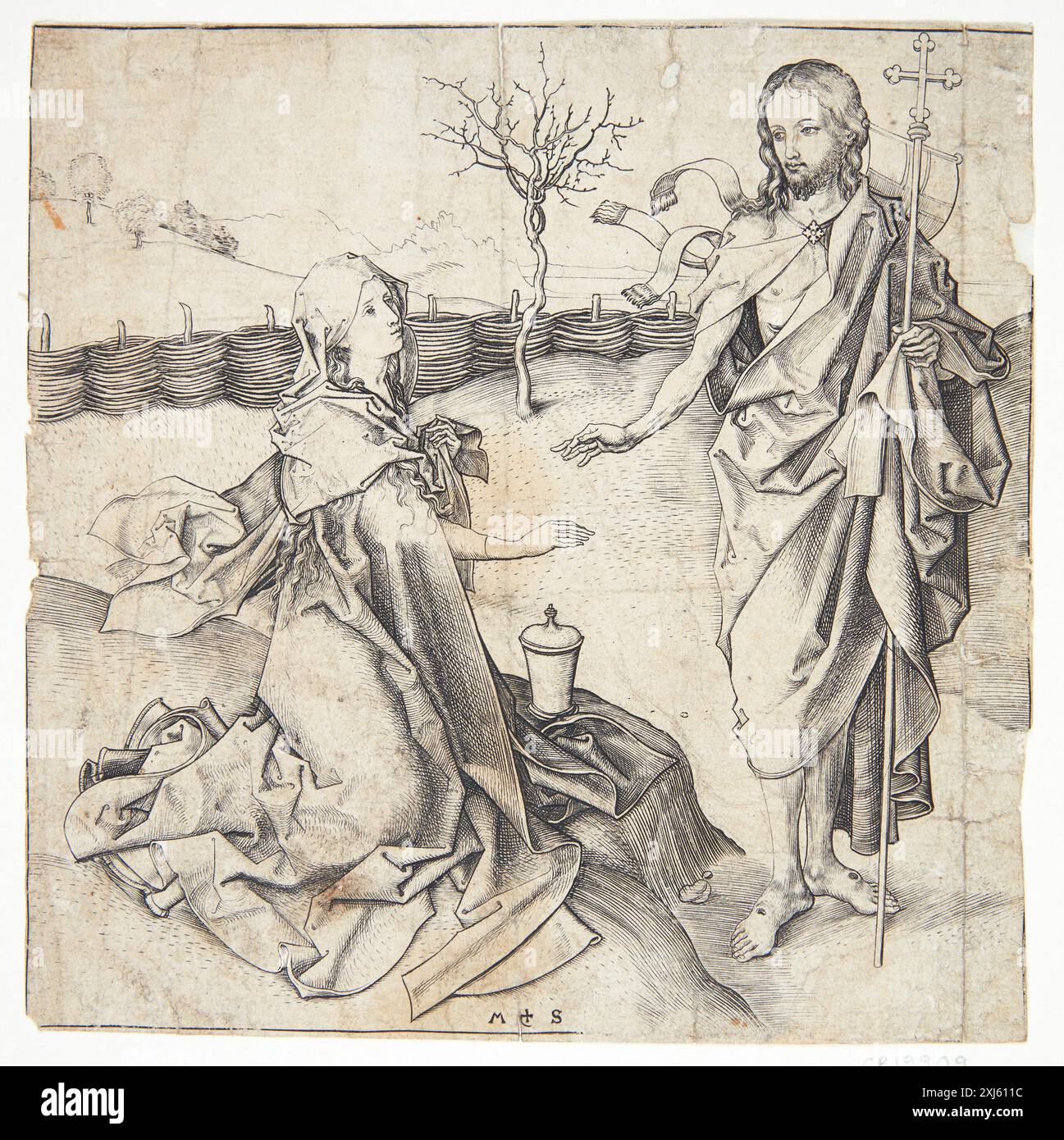 Cristo si presenta per Maria Maddalena Schongauer, Martin 1428 - 1491 incisione in rame, Print Hollstein's German Engravings, Etchings and Woodcuts 1400-1700 (vol. XLIX), Ludwig Schongauer to Martin Schongauer, Lothar Schmitt, 15, k1999-317, 2000. The Illustrated Bartsch 8, Early German Artists, Master E.S., Schongauer, Monogrammists, Jane C. Hutchison, 26, C 36174, 1980 Kristus viser sig per Maria Maddalena Foto Stock