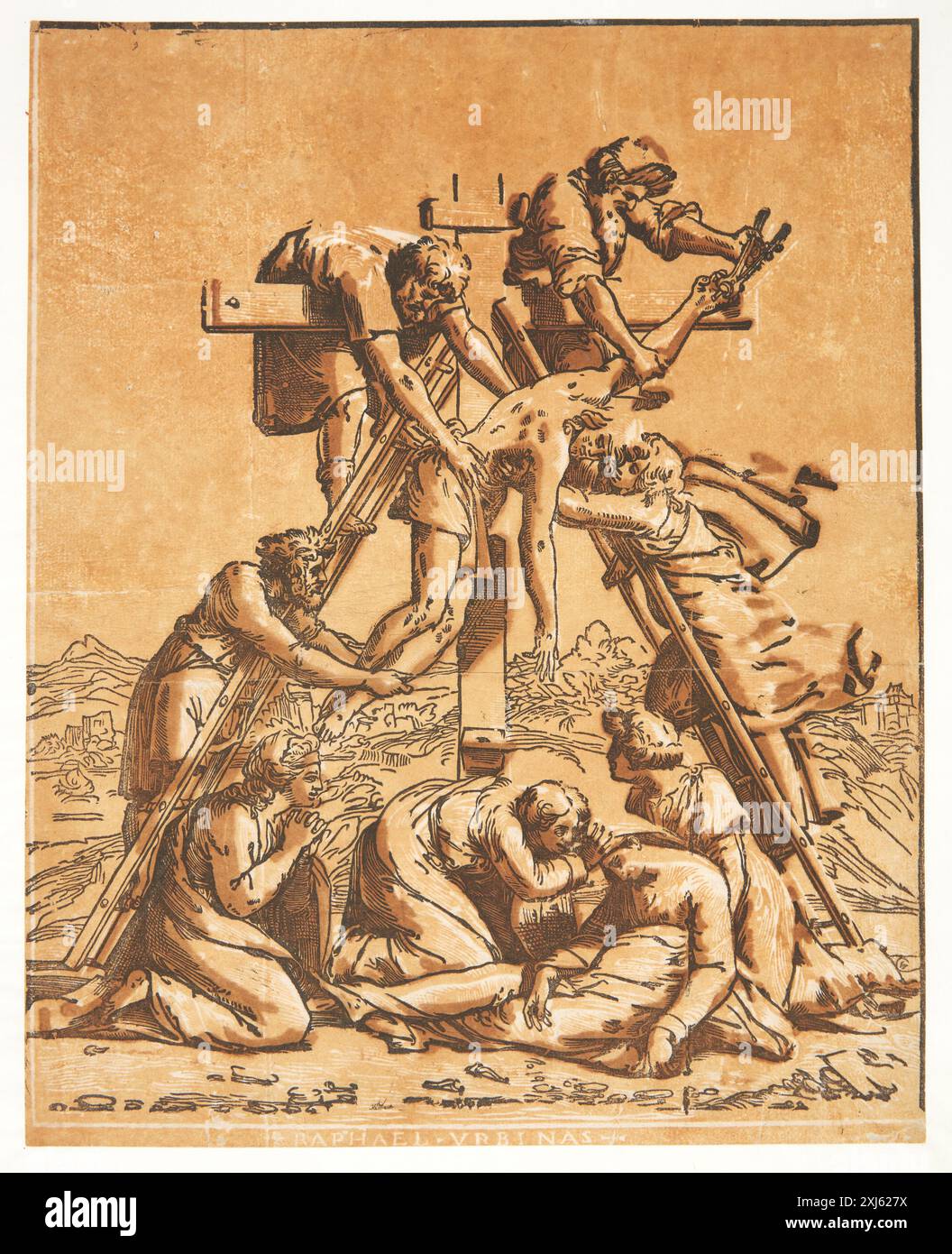 The Cross Carpi, Ugo da 1478 - 1532, Raphael 1483 - 1520 Chiaroscuro Woodcut, Print the Illustrated Bartsch 48, Italian Chiaroscuro Woodcuts, Caroline Karpinski, p. 49, 22, C 36237, 1983 Korsnedtagelsen Foto Stock