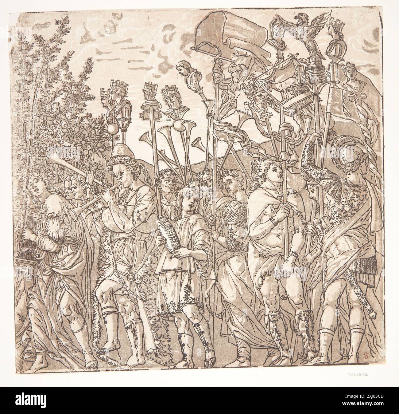 Musicisti e uomini che portano gli standard Andreani, Andrea 1558 - 1629, Mantegna, Andrea 1429 - 1506, Malpizzi, Bernardo 1553 - 1623 Chiaroscuro Woodcut, Print the Illustrated Bartsch 48, Italian Chiaroscuro Woodcuts, Caroline Karpinski, p. 164, 11.8, C 36237, 1983 Musikanter og mænd, der bærer standarter Foto Stock