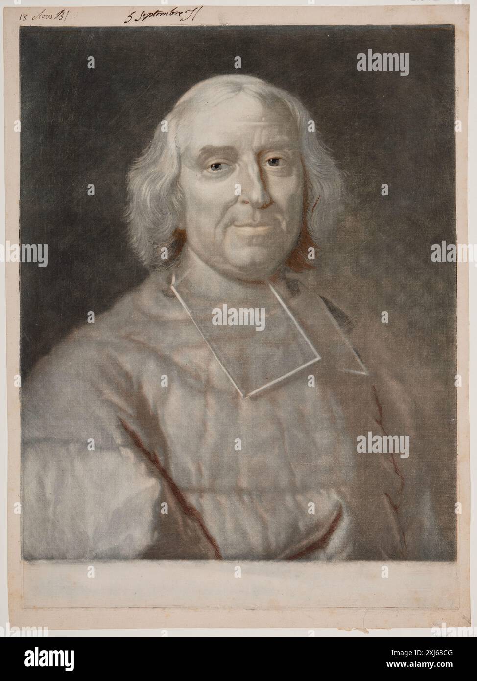 Una stampa mezzotinta di Jakob Christof le Blon e Hyacinthe Rigaud che ritrae il cardinale André Hercule de Fleury, che mostra dettagliati abiti clericali, postura e tratti facciali. Foto Stock
