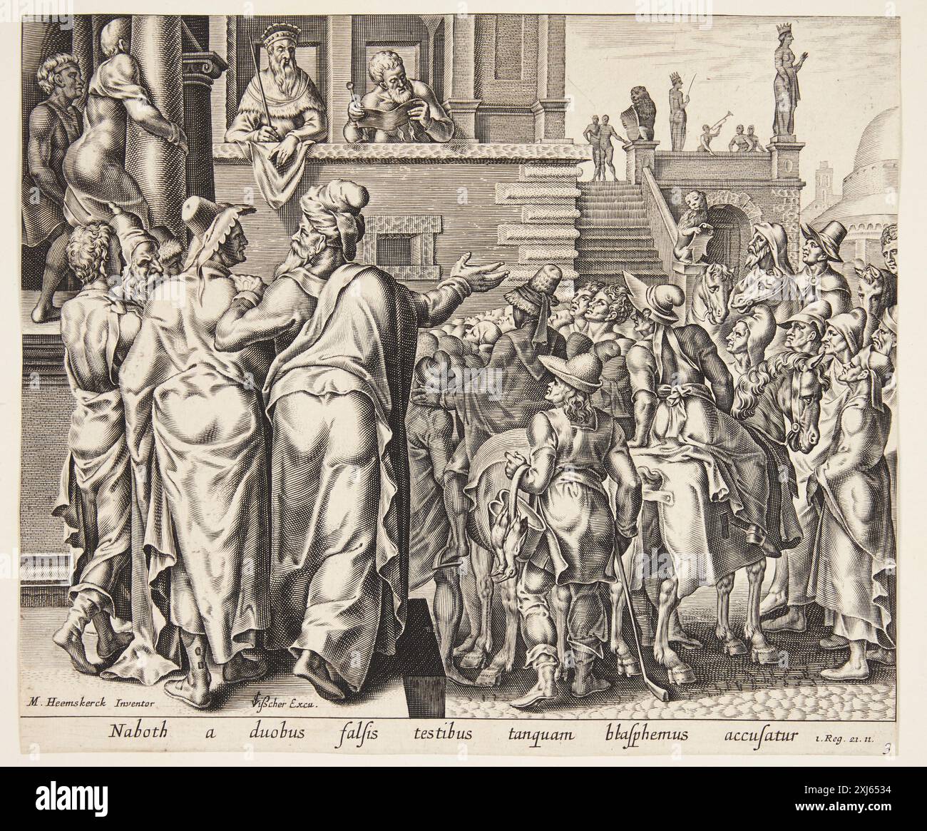 Incisione di rame raffigurante Naboth falsamente accusato, mostrando Naboth, accusatori e figure circostanti in una composizione narrativa. Foto Stock