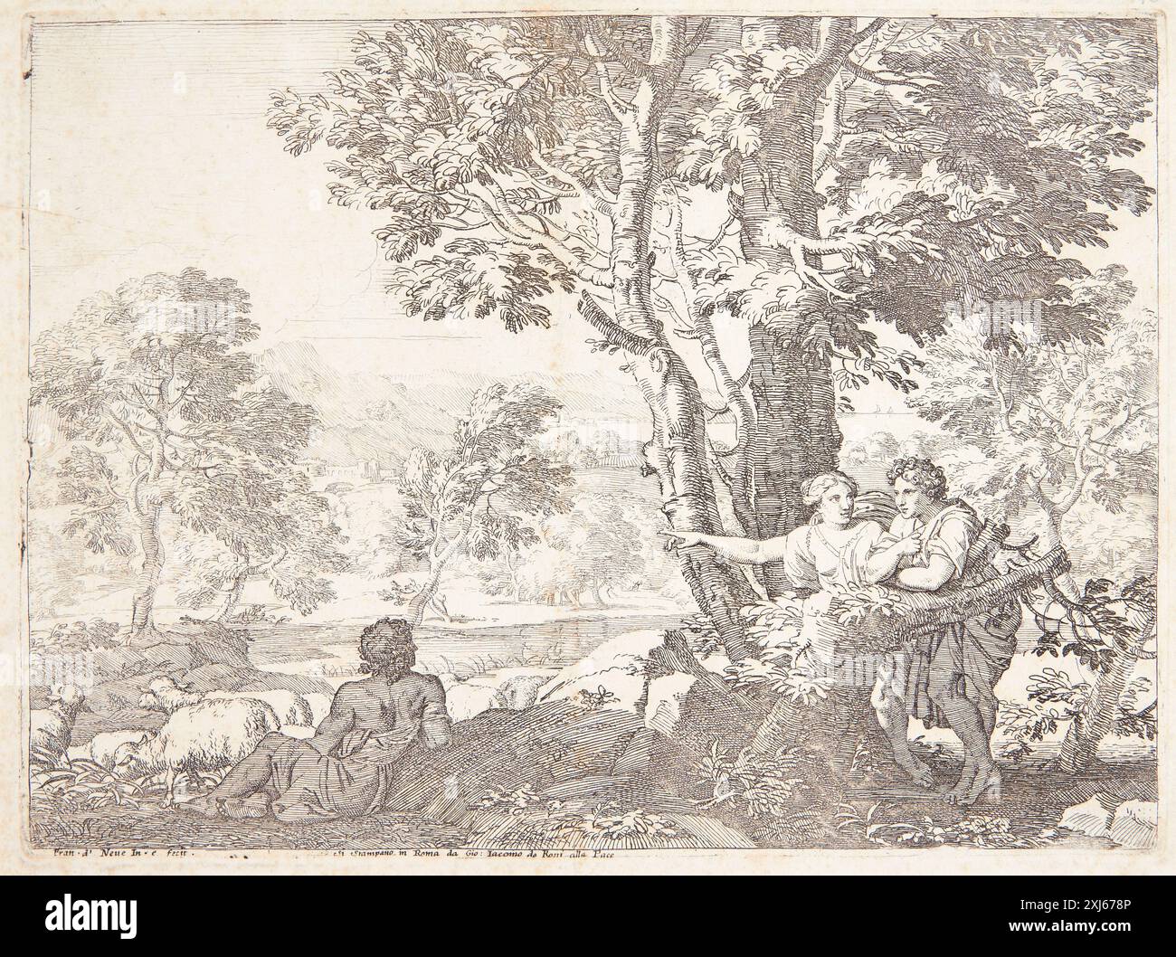 Incisione di Franciscus de neve e Giovanni Giacomo de' Rossi raffigurante due pastori e una pastorella in un paesaggio pastorale, mostrando figure umane, bestiame e dintorni rurali nell'arte olandese e fiamminga del XVII secolo. Foto Stock