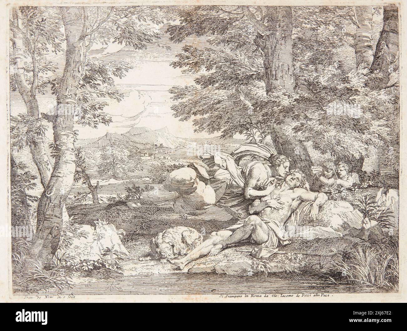 Raffigura le figure mitologiche Diana ed Endymion, create come incisione in rame da Franciscus de neve e Giovanni Giacomo de' Rossi, che illustrano la mitologia classica. Foto Stock