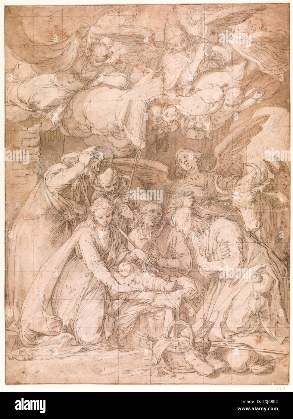 The Adoration of the Shepherds Bloemaert, Abraham 1566 - 1651 Drawing Abraham Bloemaert, c. 1565 - 1651: The drawings, Jaap Bolten, nr. 100, afb. Vol. 2, s. 57, C 33291:1-2, 2007 l'adorazione dei pastori Foto Stock