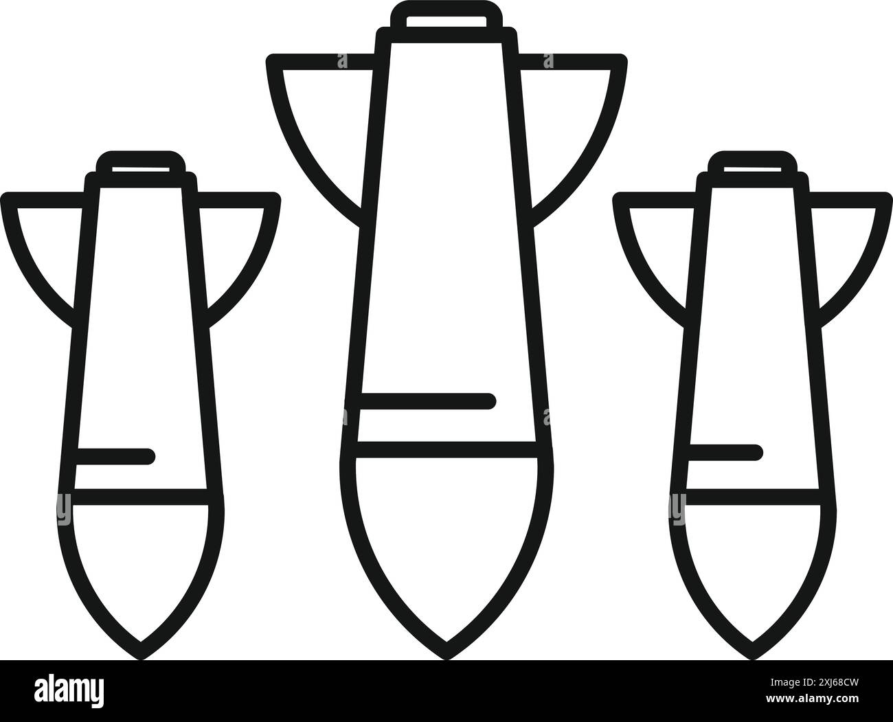 Semplice icona in stile line art di tre bombe di dimensioni diverse che crescono in pericolo e potenza di distruzione Illustrazione Vettoriale
