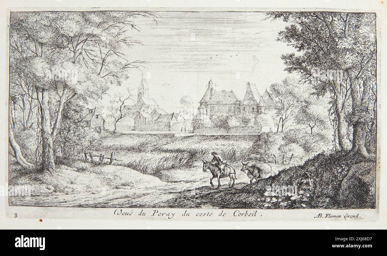 Vista di Peray vicino a Corbeil Flamen, Albert 1610 - 1692, Flamen, Albert 1610 - 1692 incisione, Print le peintre-graveur francese ou Catalogo raisonné des estampes gravées par les peintres et les dessinateurs de l'ecole francese: Ouvrage faisant suite au peintre-graveur de M. Bartsch, A.-P.-F. Robert-Dumesnil, 522 IV, 2142, 1835-1871. The Illustrated Bartsch 6, artisti fiamminghi, De Wael, van Uden, de Vadder, Matteus, van Uyttenbroeck m. fl., otto Neumann, 108, C 36 71, 1980 Udsigt mod Peray nær Corbeil Foto Stock