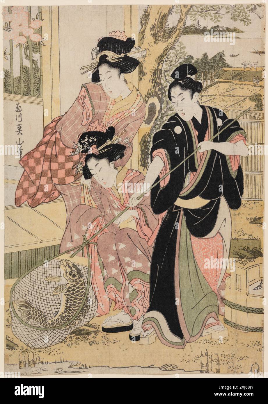 Stampe su legno di Kikugawa Eizan raffiguranti un giovane uomo e due donne che catturano una carpa vicino a una casa sul fiume Sumida, illustrando la vita quotidiana nel Giappone del XIX secolo. Foto Stock
