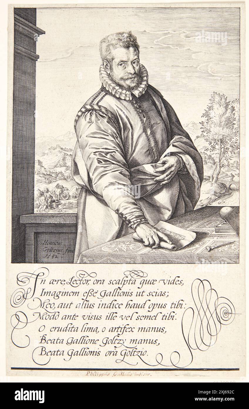 Incisione in rame di Hendrick Goltzius che mostra Philip Galle, incisore ed editore olandese, con dettagli sul viso e sull'abbigliamento, stampe olandesi e fiamminghe del XVI-XVII secolo. Foto Stock