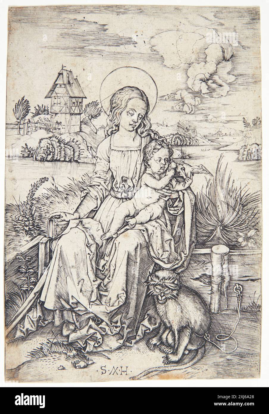 Madonna con la scimmia Monogrammist SH 1498 - 1498, Dürer, Albrecht 1471 - 1528 incisione in rame, Print the Illustrated Bartsch 9, Early German Artists, Israhel van Meckenem, Wenzel von Olmütz e Monogrammists: Israhel van Meckenem, Wenzel von Olmütz e Monogrammists, Fritz Koreny, p. 397, nr. 2, C 36176, 1981. The Illustrated Bartsch 10, Commentary, Sixteenth Century German Artists, Albrecht Dürer: Albrecht Dürer, Walter L. Strauss, p. 101, C4, C 36178, 1981) Geschichte und kritischer Katalog des deutschen, niederländischen und französischen Kupferstiche im XV. Jahrhundert, Max Lehrs, vi, Foto Stock