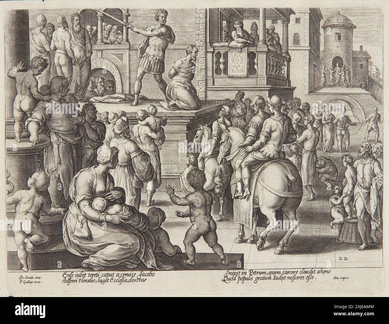 La decapitazione di St. James Collaert, Adriaen 1558 - 1618, Straet, Jan van der 1523 - 1605, Galle, Philips 1537 - 1612, Galle, Philips 1537 - 1612 incisione in rame, Print Tegninger af Maerten van Heemskerck: Illustreret katalog, Jan Garff, nr. 118-134, 42279, 1971. The New Hollstein Dutch and Flemish etchings, incisioni e xilografie 1450-1700, Johannes Stradanus, Part i-III, Marjolein Leesberg, nr. 214 II, C 42224, 2008. Le incisioni, incisioni e xilografie olandesi e fiamminghe New Hollstein 1450-1700, Philips Galle, parte i-IV, Manfred Sellink, 209 II, C 39355, 2001. Il New Hollstein Dutch e. Foto Stock