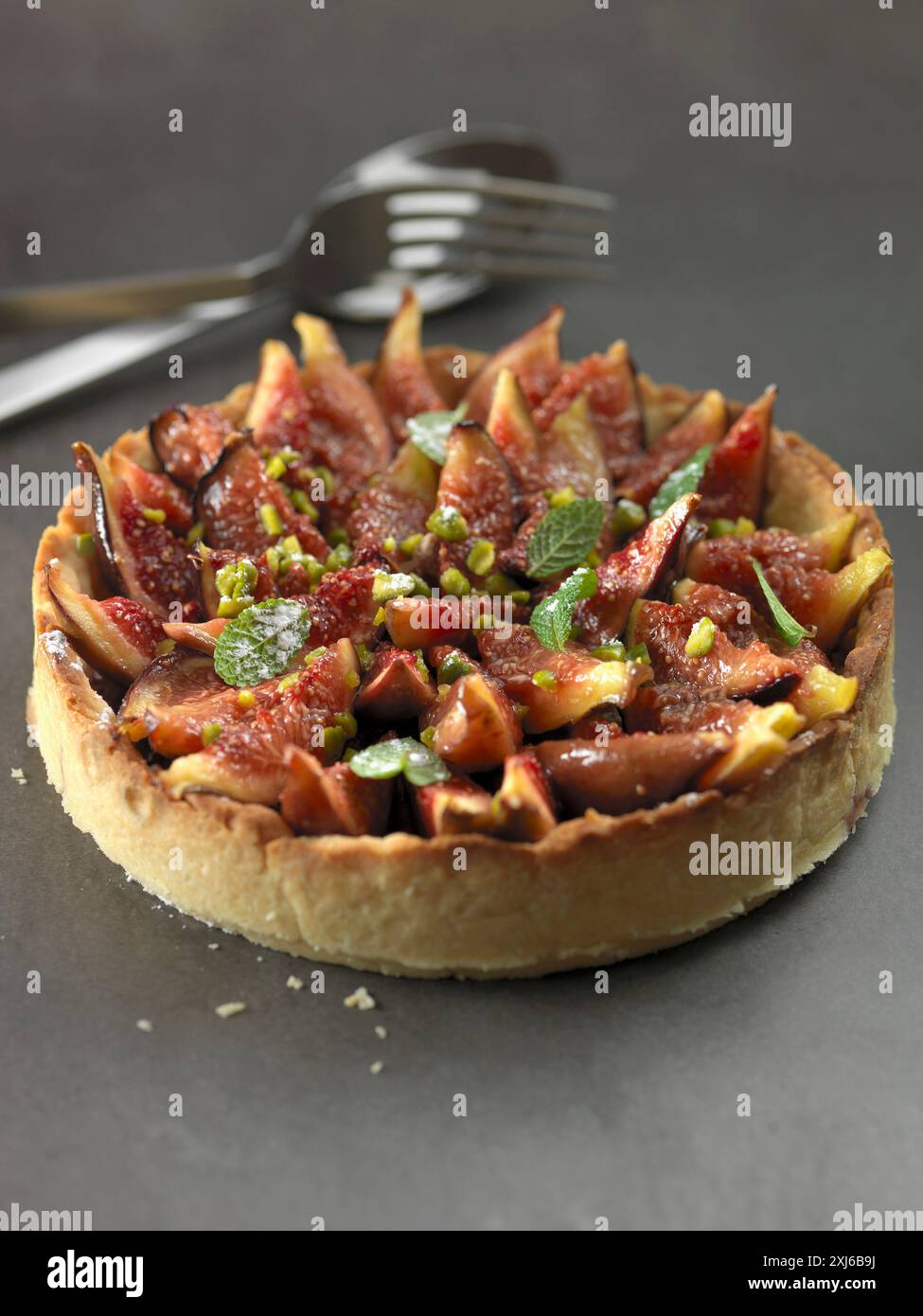 Fig,di pistacchio e menta fresca tart Foto Stock