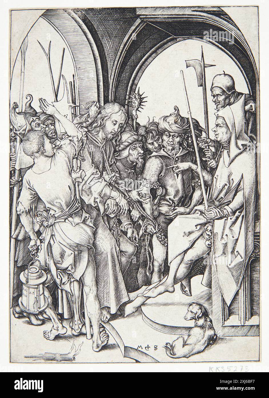 Cristo ha portato per Annas Schongauer, Martin 1428 - 1491 incisione in rame, Print Hollstein's German Engravings, Etchings and Woodcuts 1400-1700 (vol. XLIX), Ludwig Schongauer to Martin Schongauer, Lothar Schmitt, 21, k1999-317, 2000. The Illustrated Bartsch 8, Early German Artists, Master E.S., Schongauer, Monogrammists, Jane C. Hutchison, 11 anni, C 36174, 1980. Les marques de collections de dessins & d'estampes: marques estampillées et écrites de collections particulières et publiques, Frits Lugt, 2007, 7027, 1921-1956 Kristus bragt for Annas Foto Stock