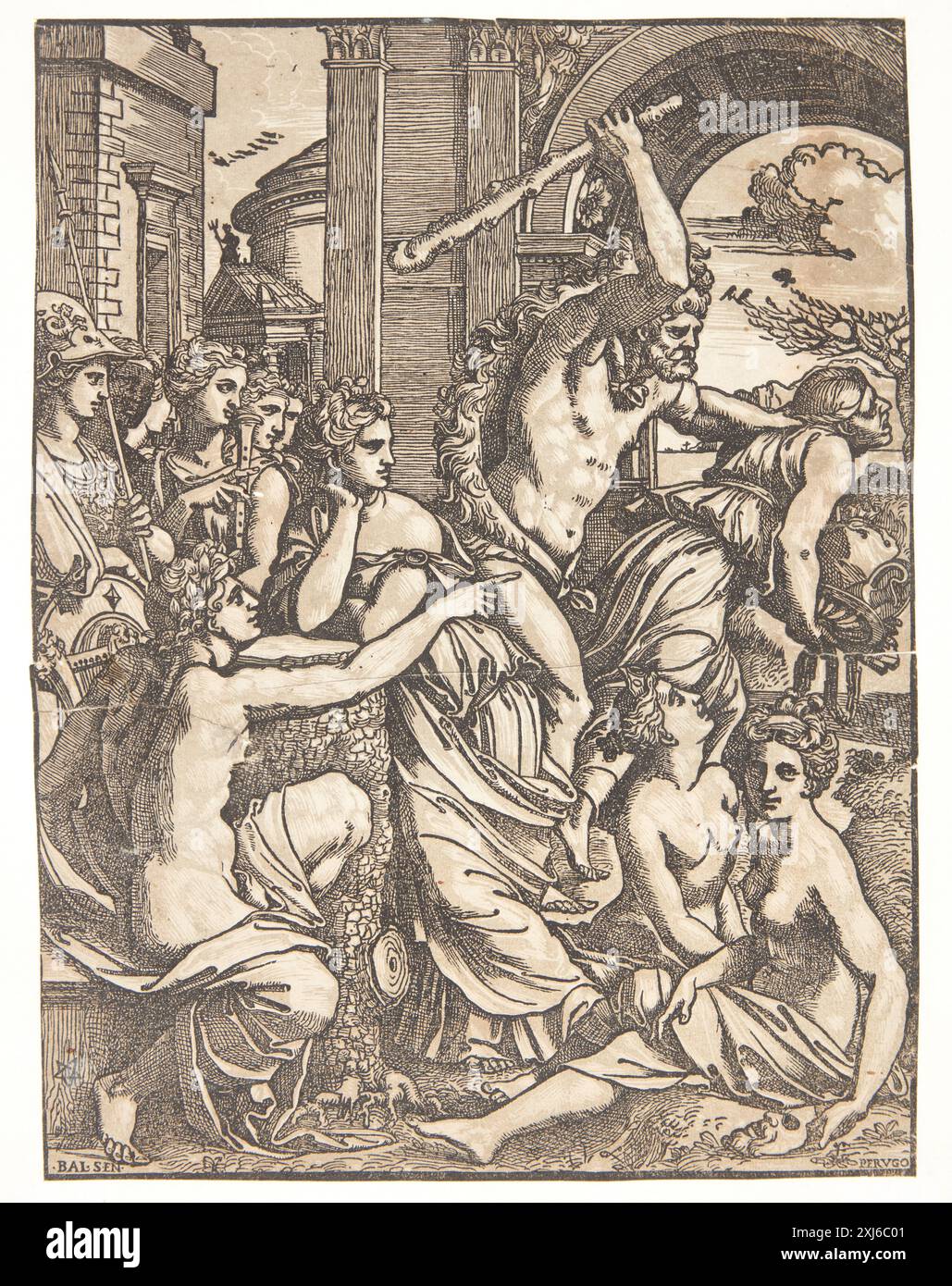 Invidia inseguita dal Tempio delle Muse Carpi, Ugo da 1478 - 1532, Peruzzi, Baldassare 1481 - 1536 Chiaroscuro Woodcut, Print the Illustrated Bartsch 48, Italian Chiaroscuro Woodcuts, Caroline Karpinski, 12, C 36237, 1983 l'invidia inseguì il Tempio delle Muse Foto Stock