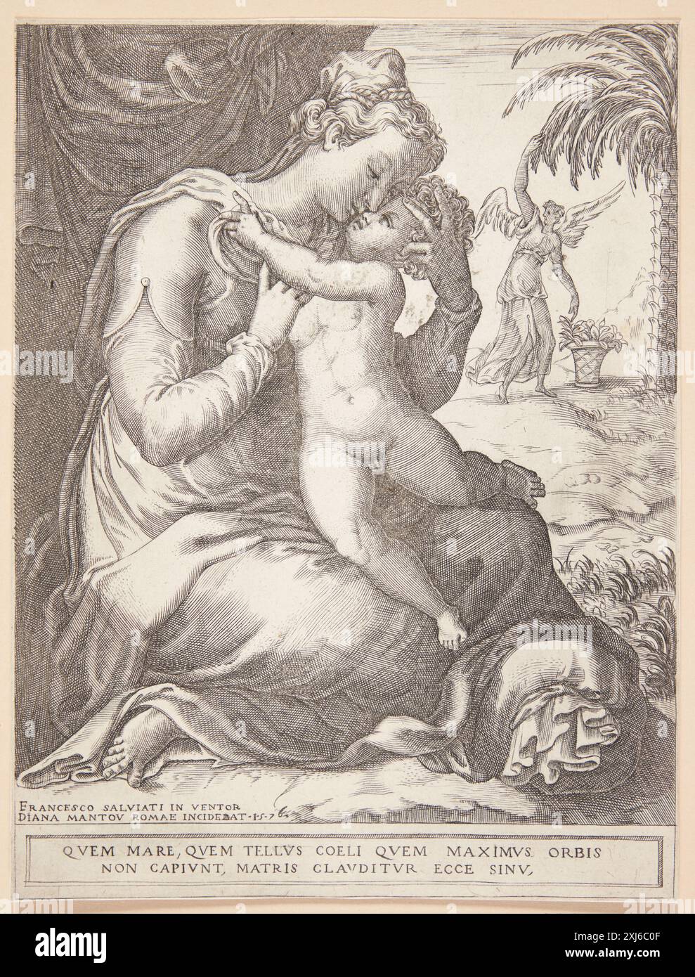 Vergine maria con il bambino Scultori, Diana 1536 - 1588, Salviati, Francesco 1510 - 1563 incisione in rame, Stampa The Illustrated Bartsch 31, artisti italiani del Cinquecento, Ghisi, Reverdino, Cartaro, monogrammisti, Suzanne Boorsch, 13, C 36211, 1986. L'opera incisa di Adamo e Diana Scultori, Paolo Bellini, 30, 55154, 1991 Jomfru Maria med barnet Foto Stock